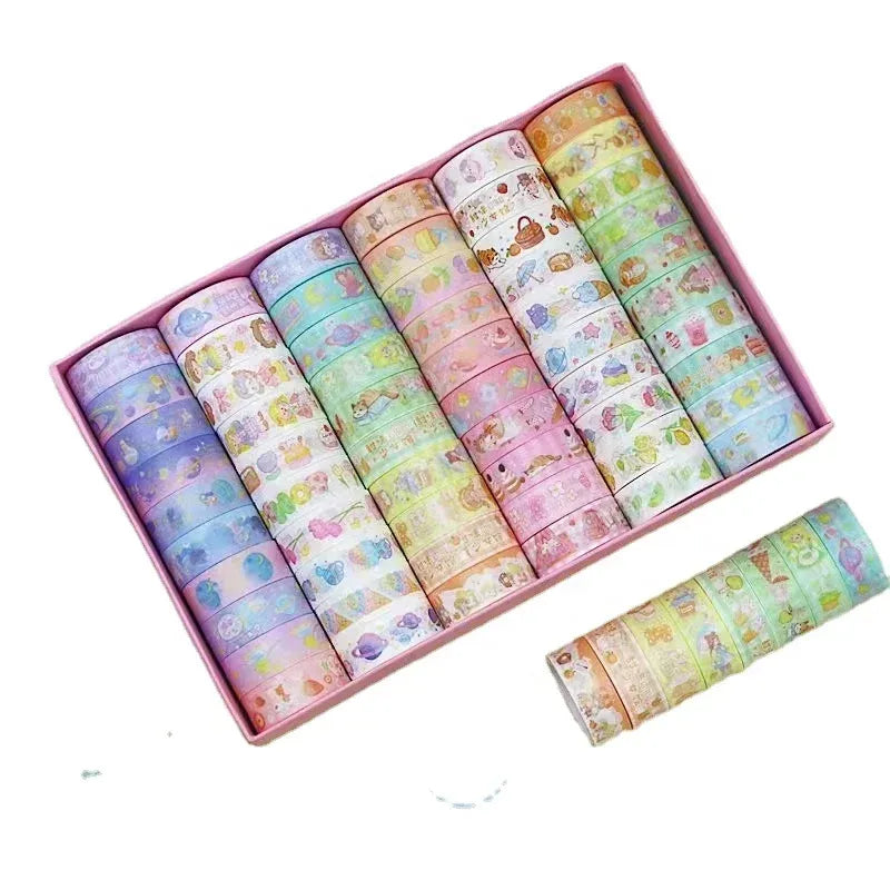 20-roll washi tape set with pastel character and animal patterns in a pink gift box