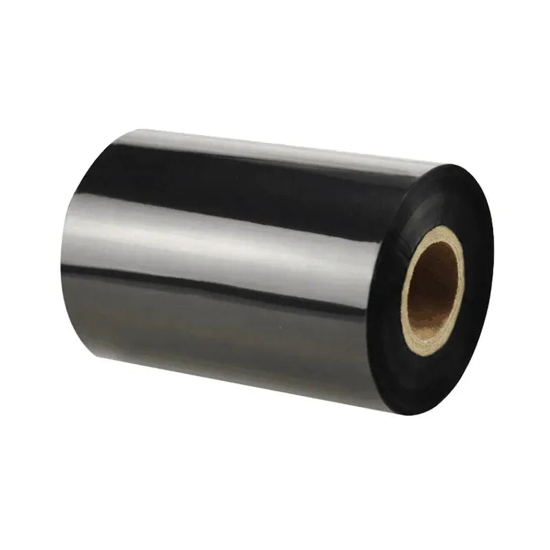Black outer ribbon roll with cardboard core view, thermal transfer barcode ribbon