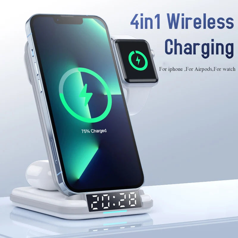 Desktop Alarm 4 in 1 Phone Watch Earphones 15w 3 In1 Wireless Charger Clock Tidesmit