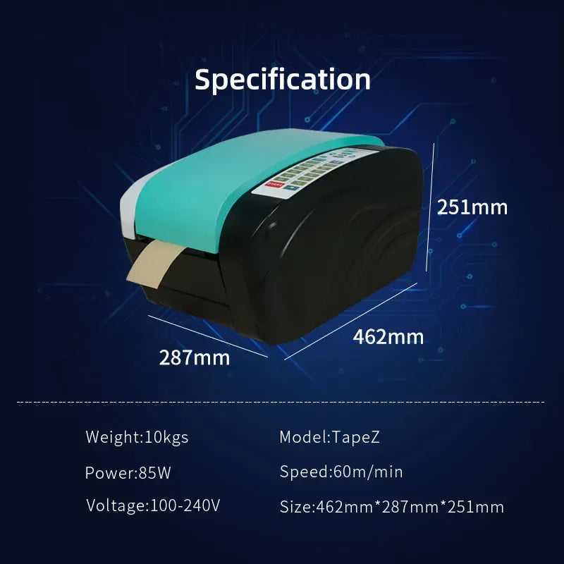 Gummed tape dispenser with teal top housing and display panel, showing dimensions