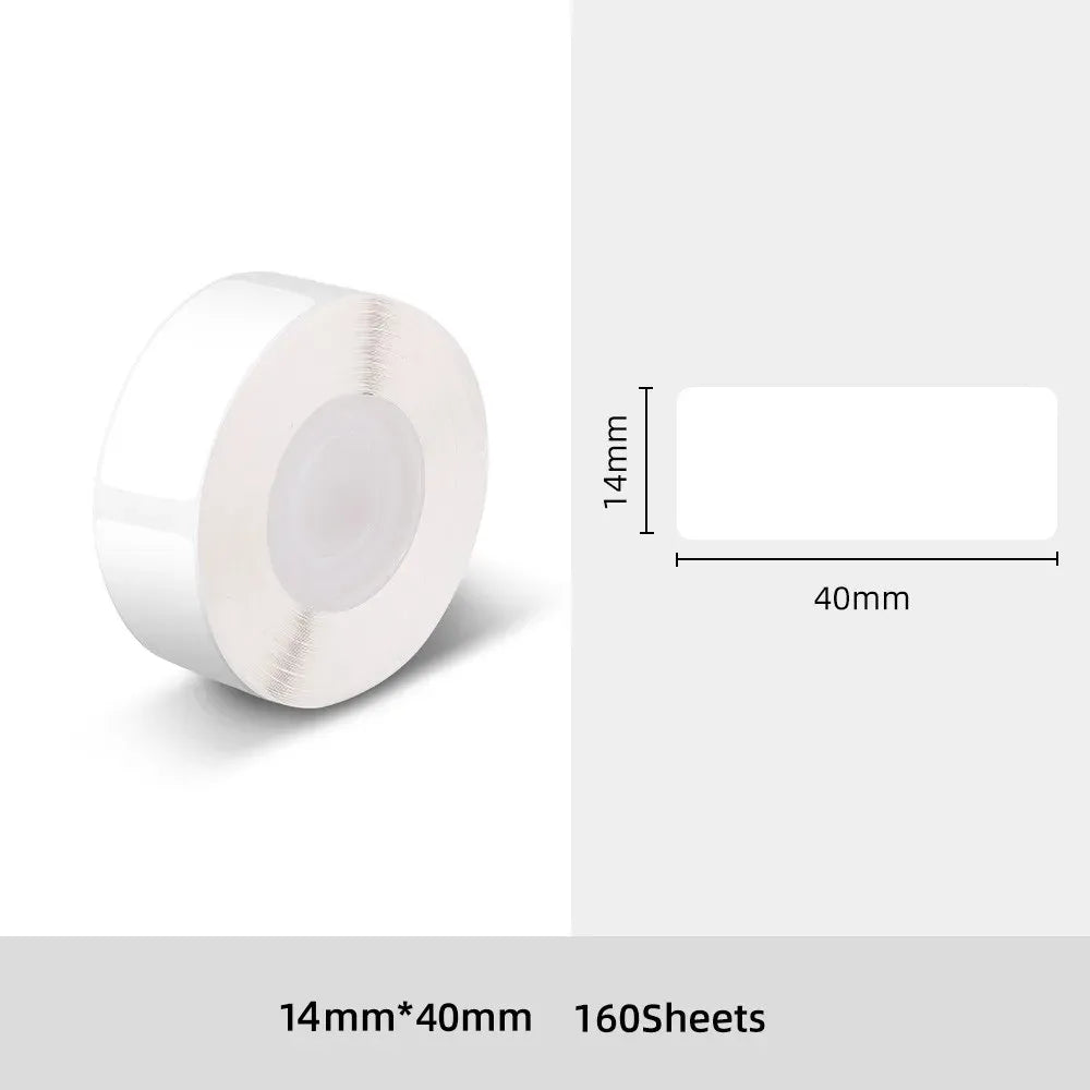 Thermal label roll showing 14mm x 40mm label size, 160 sheets