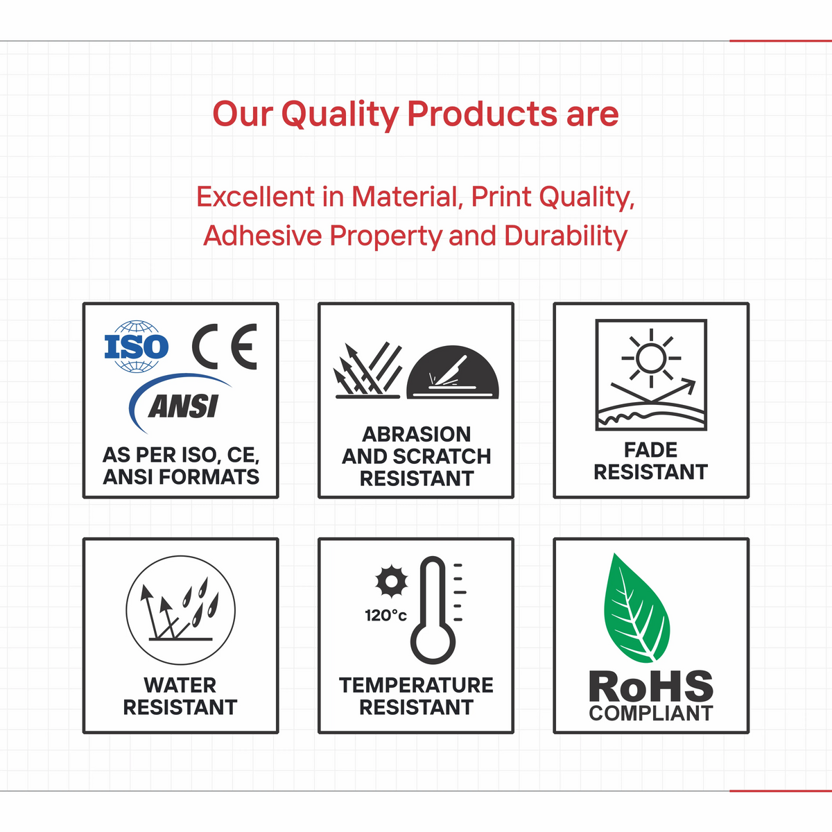 Safety sticker durability and compliance icons with water, abrasion, temperature, RoHS symbols