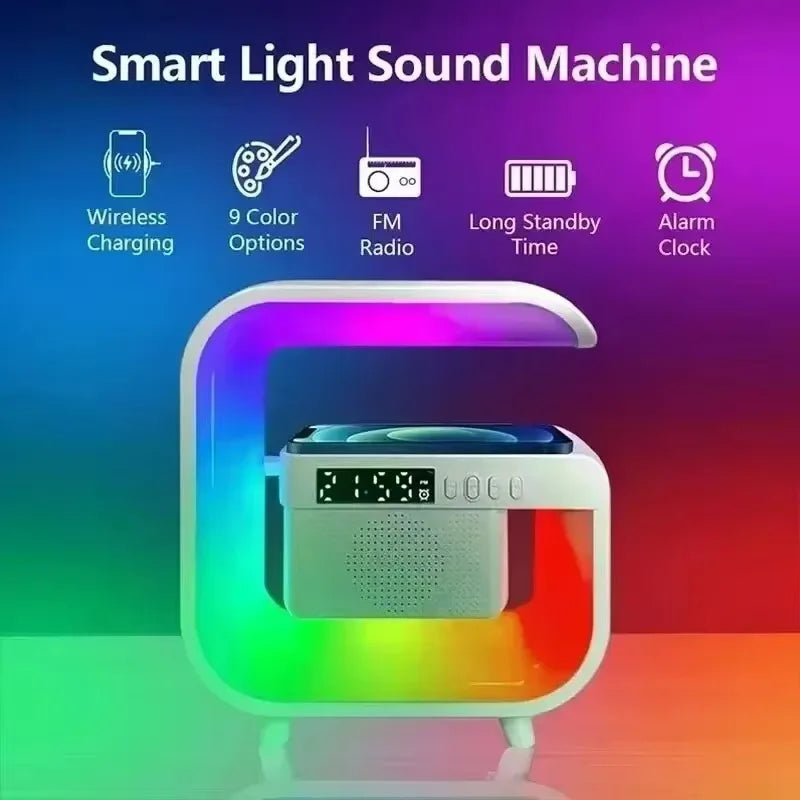 G-Shape 3-in-1 Fast Wireless Charger and Speaker RGB Atmosphere LED Lamp with Clock Multifunctional RGB Wireless Speaker Tidesmit