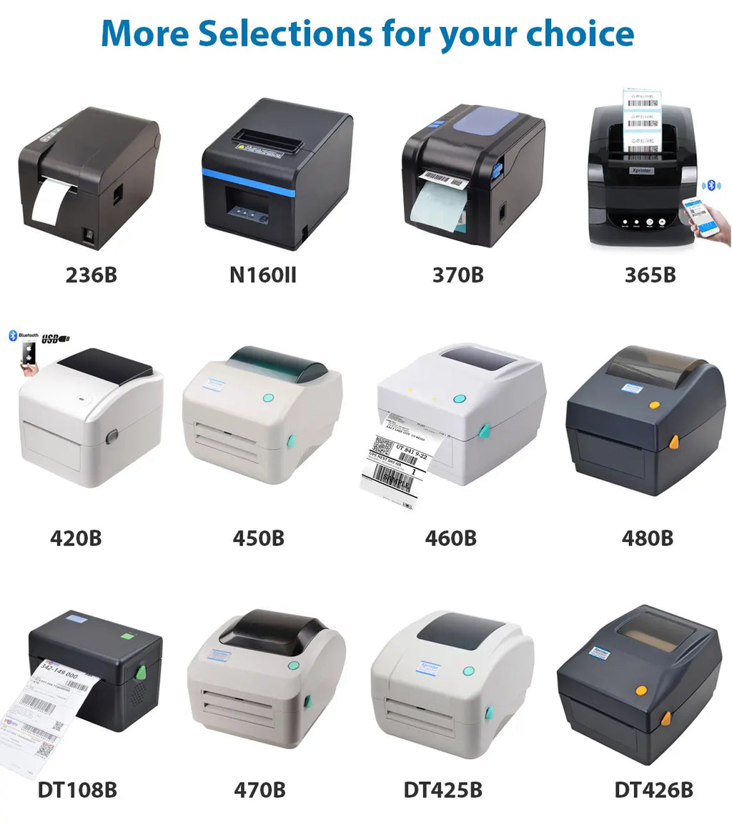 Black thermal barcode printer with front paper output slot and control panel