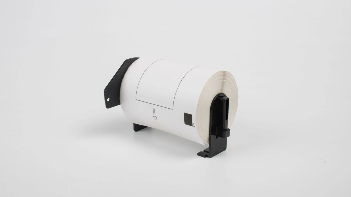 Thermal label roll with black holder, angled view