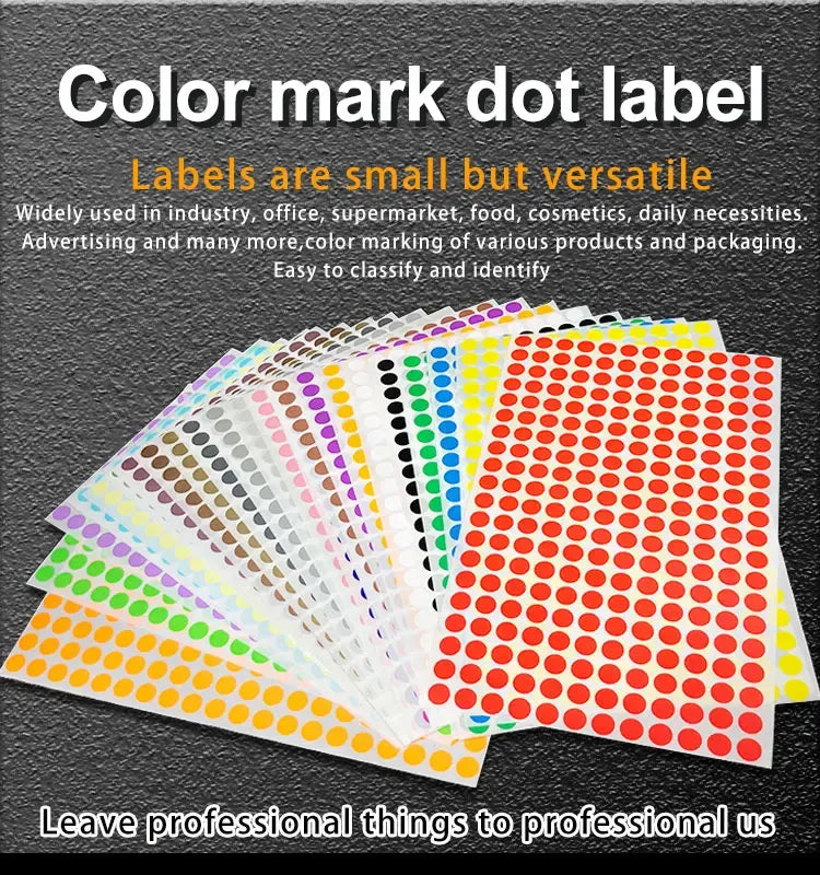 Multicolor sheet of round dot stickers with red, yellow, green, and purple dots