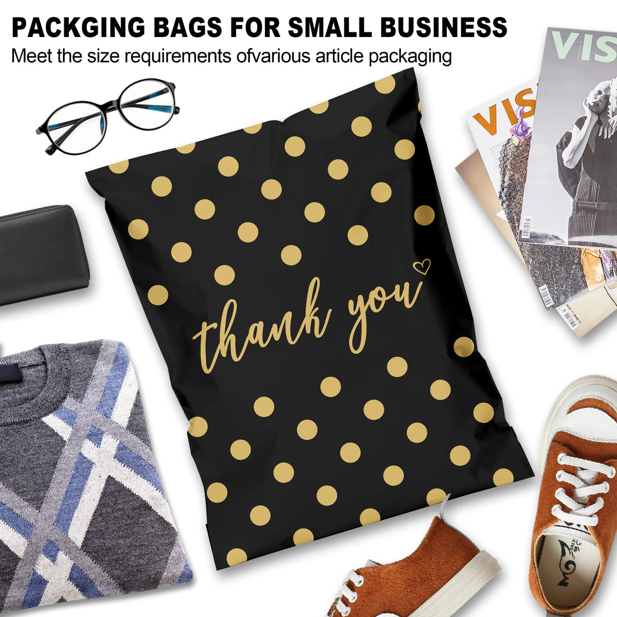 10x13 Inch Gold Polka Dots Poly Mailers 100 Pack, Self-Adhesive Thick Shipping Bags for Clothing, 2-Day Shipping 5-Day Delivery
