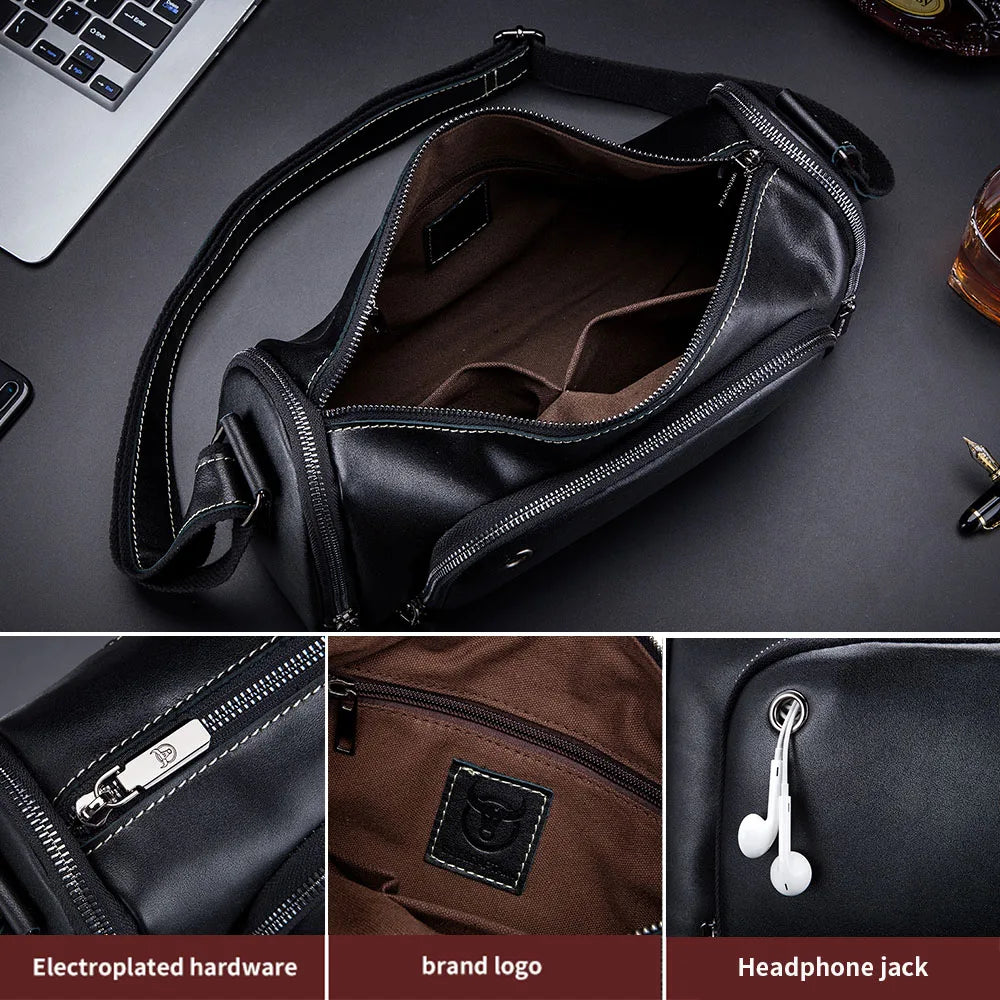 BULLCAPTAIN black cowhide leather barrel messenger bag with zip pockets, headphone jack, and adjustable shoulder strap.