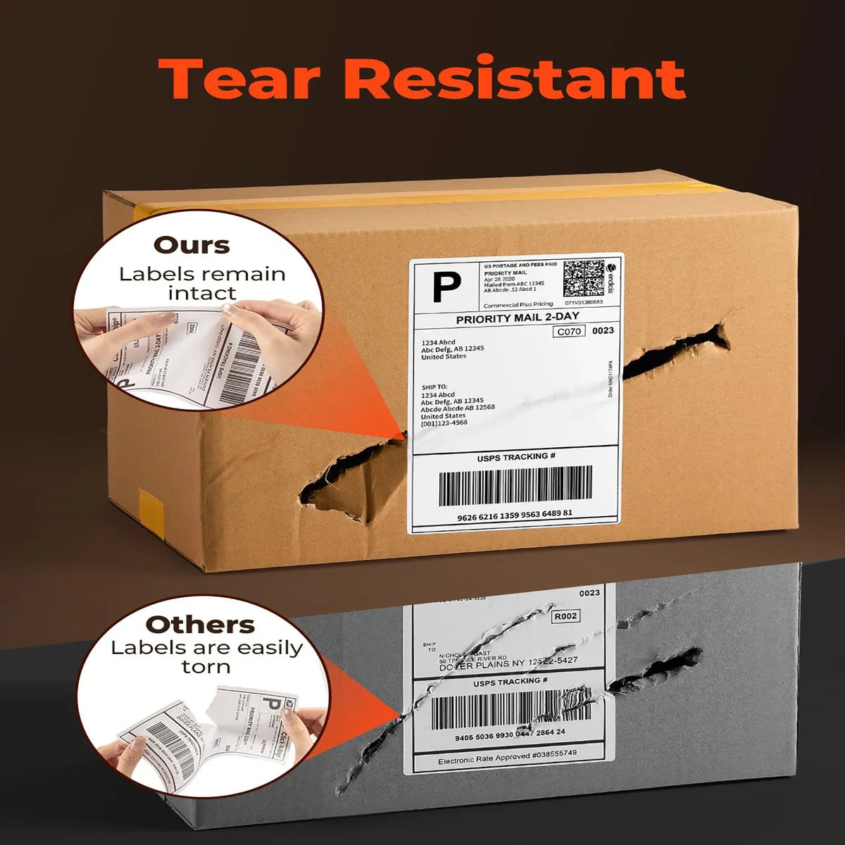 Tear-resistant thermal shipping label on a cardboard package with barcode and tracking