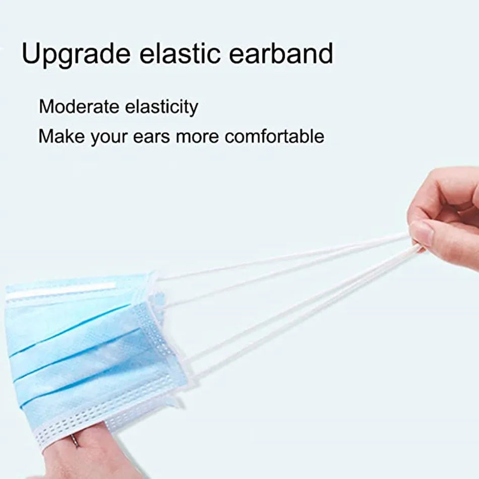 Blue 3-layer disposable anti-dust face mask with soft, white elastic ear loops for comfortable, breathable fit.