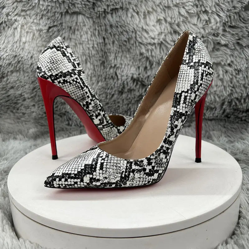 European American Style Animal Print 10cm/12cm Pointed Toe Slip-On Stiletto Heel Red Bottom Thin Rubber Outsole Women's Spring