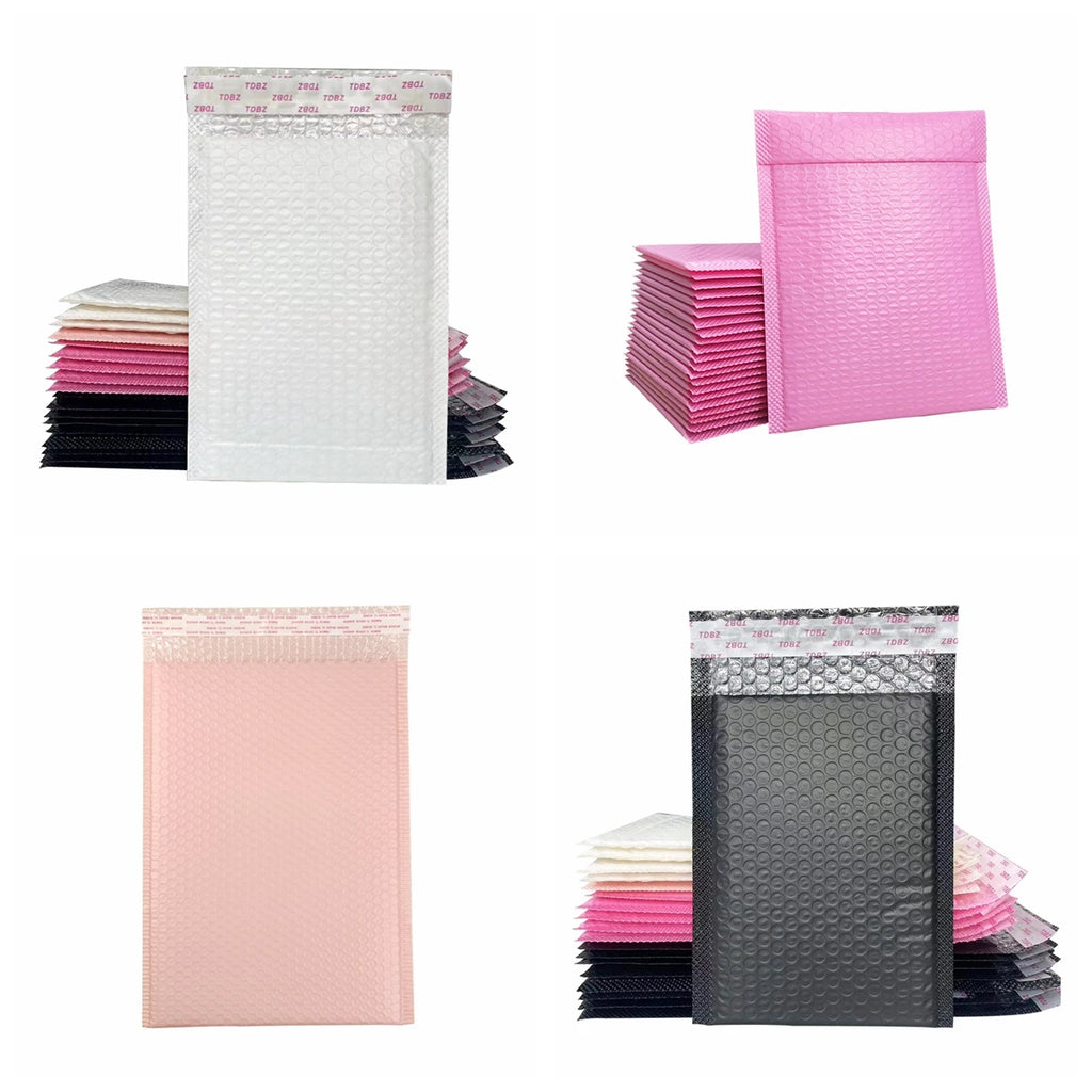 Assorted poly bubble mailer bags in pink, white, and dark colors, self-seal style