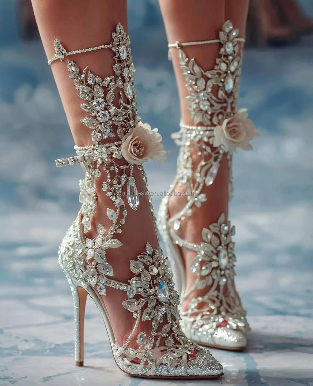 Paradise Elegant Sexy White Rhinestones Heel Flowers Ankle Wrap Tie up Crystal Strap Shoes Sparkly Stiletto Prom Wedding Sandals