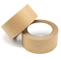 Brown kraft paper packing tape roll and separate tape end piece, adhesive side visible
