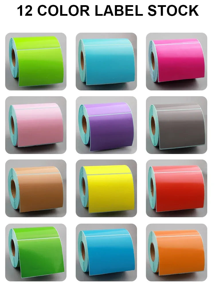 Assorted color label stock rolls showing multiple shades of self-adhesive stickers