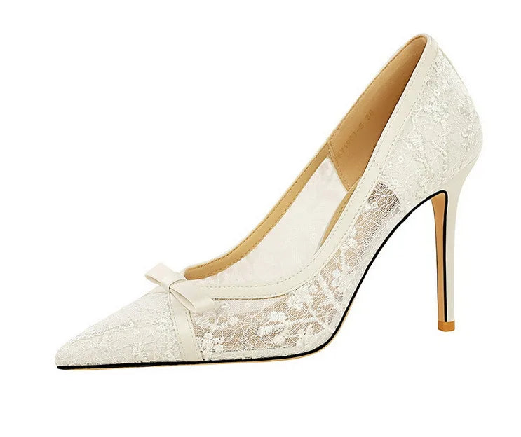 2026 New Model Formal Slip-On High Heel Womens Shoes with Bow Glitter Lace Solid Pattern Pointed Toe Low-Cut Thin Heel