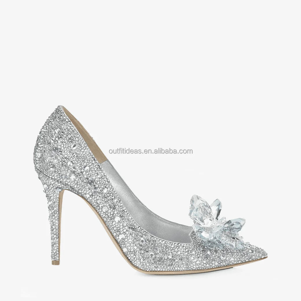 Handmade Embroidered Genuine Leather Sexy Designer Crystal Sandals Stiletto Wedding Shoes Silver Crystal Pointy Toe Bridal Pumps