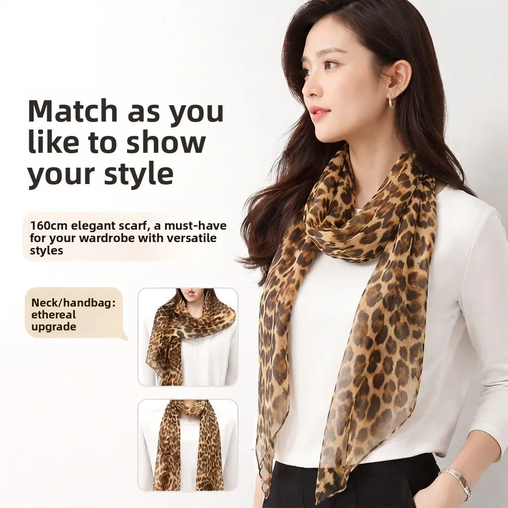 32x155cm Vintage Silk Georgette Leopard Print Long Scarf Original Item Tie-up Neck Scarf for Women Layering Outfits Customize