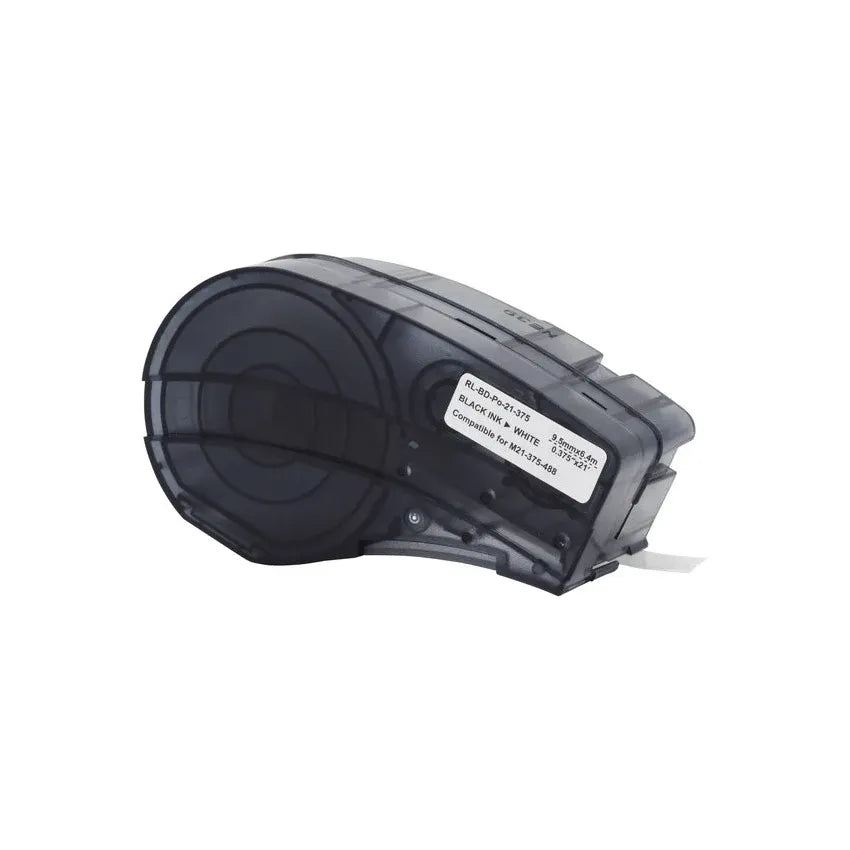 Black label printer tape cartridge with white label strip, compatible label panel system