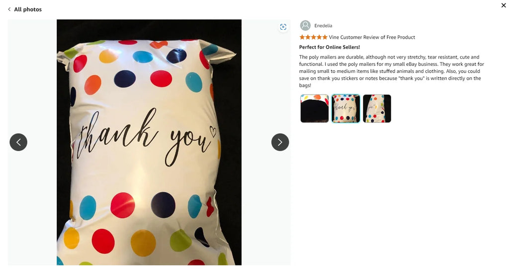 White poly mailer bag with colorful polka dots and “thank you” lettering