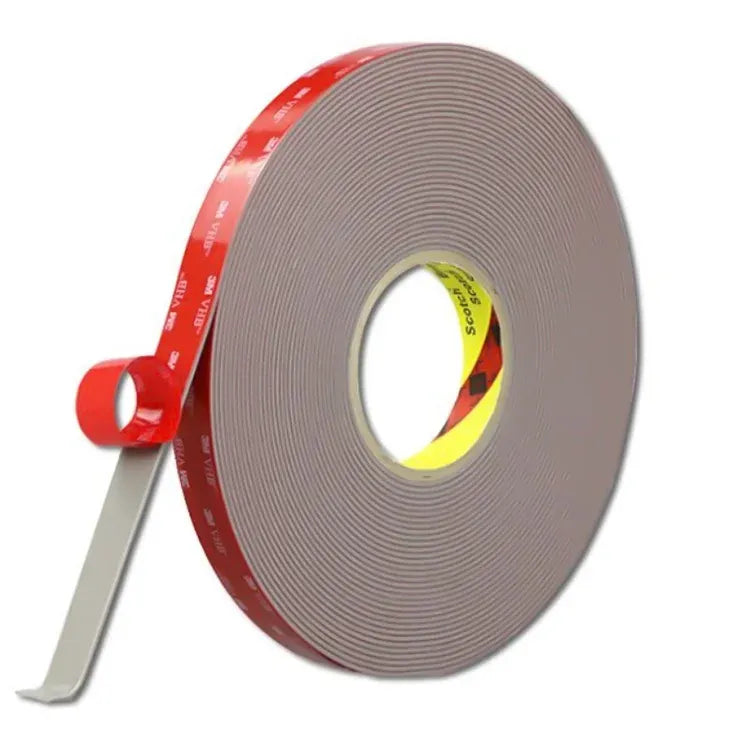 Pressure-sensitive double-sided acrylic foam tape roll with gray liner and red strip