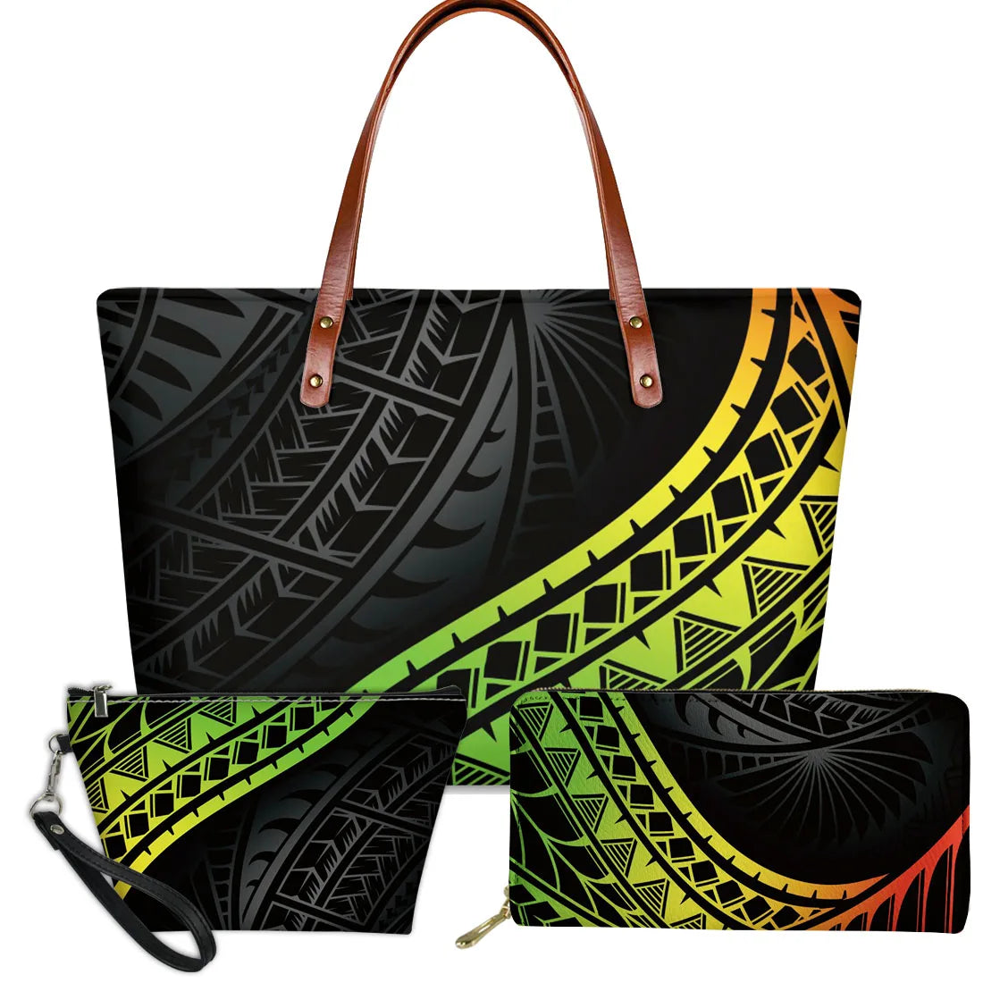 3-piece handbag set featuring black traditional Polynesian tribal patterns with yellow-green ombre accents and brown straps.