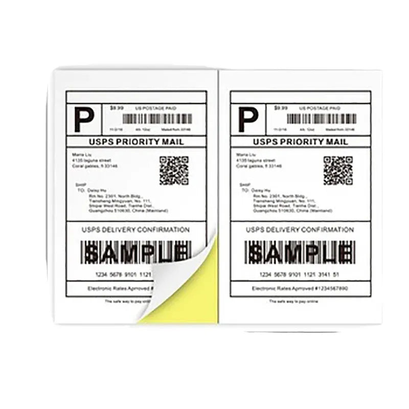 Two white direct thermal shipping label stickers with barcodes and QR code