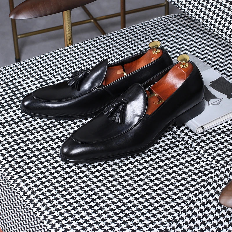 Isirhonour Hand-painted Patina Leather Loafers Mens Slip on Tassel Moccasins Italian Apron Toe Dress Shoes for Formal Party