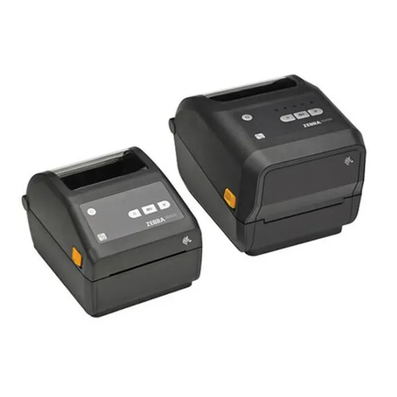 Two compact thermal label printers in black with control panel on front