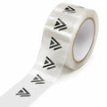 Printed adhesive shipping tape roll with repeating black chevron pattern on clear backing