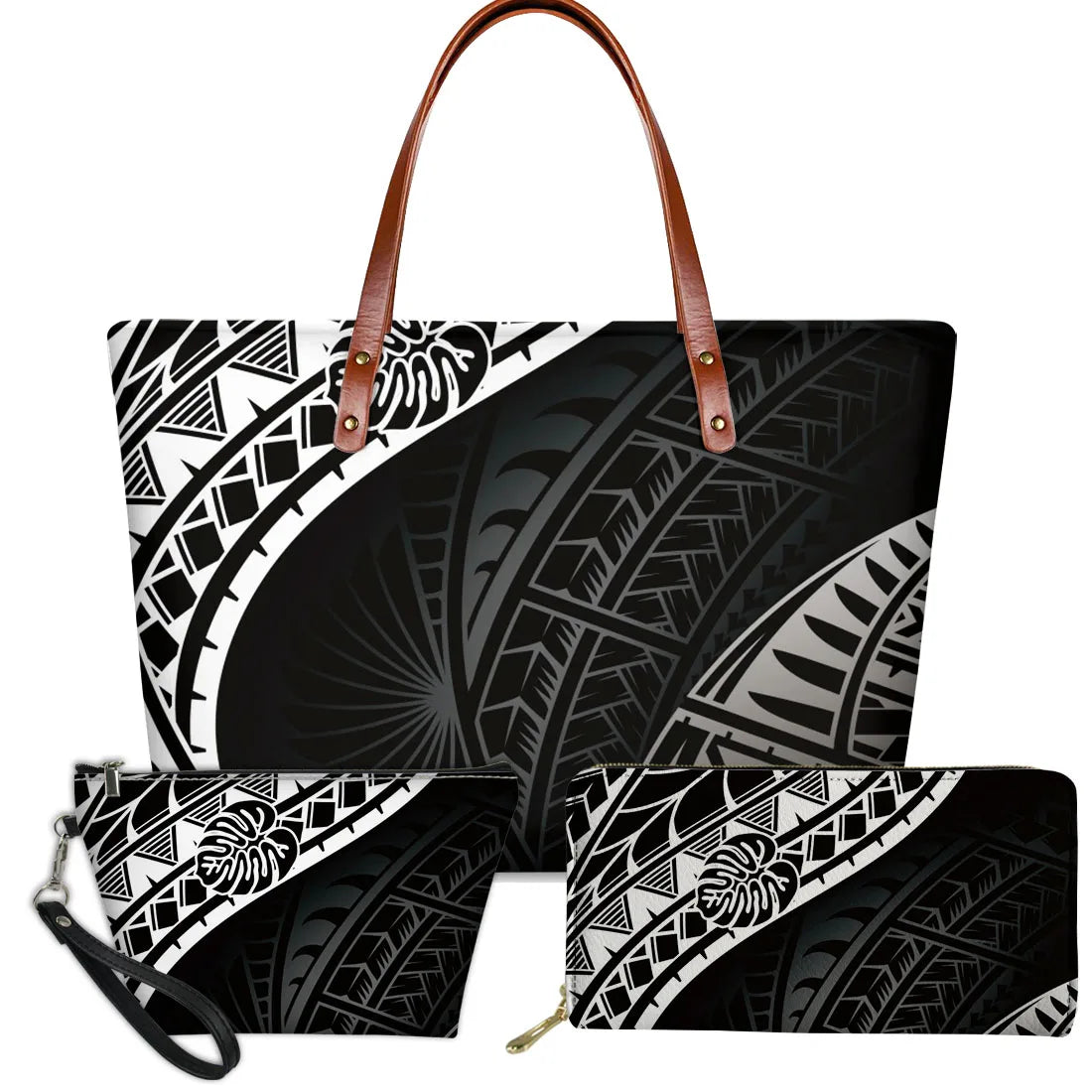 3-piece black and white Polynesian tribal print handbag set with turtle, floral patterns, and brown leather handles.
