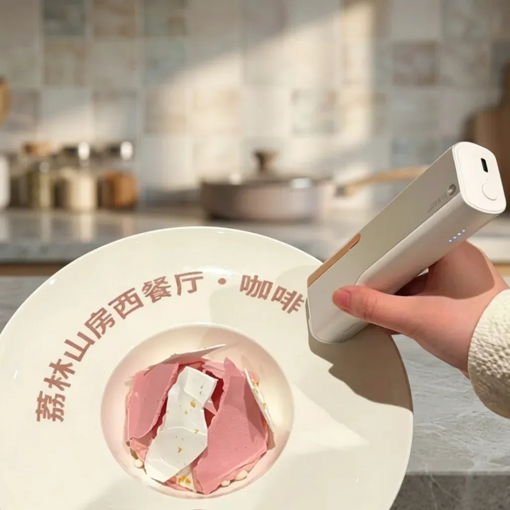 Handheld coffee inkjet printer held over a white bowl with printed message