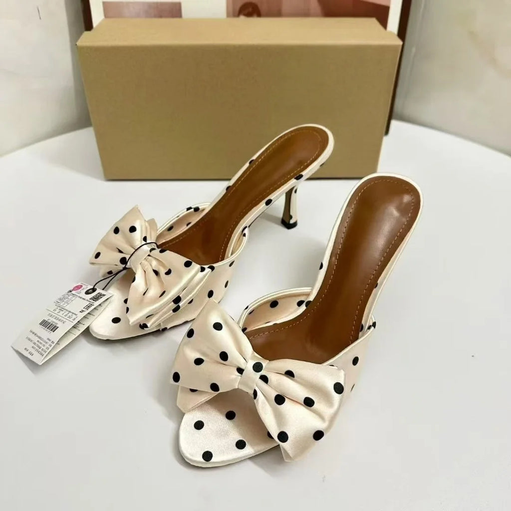 Women Cream Satin Black Polka Dot Big Bow Square Open Toe Slide Mules Rubber Outsole Microfiber Midsole Summer Party Dress High