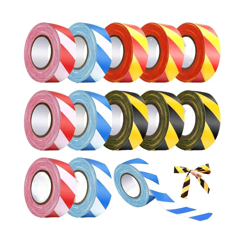 Coiled water-activated striped warning tape in multiple colors, with dispenser rolls.