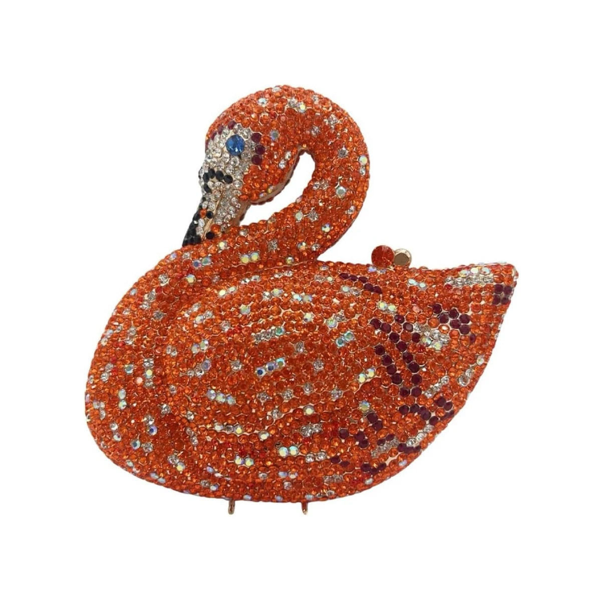 Orange swan-shaped evening clutch, designer crystal rhinestone handbag for bridal or formal cocktail parties.