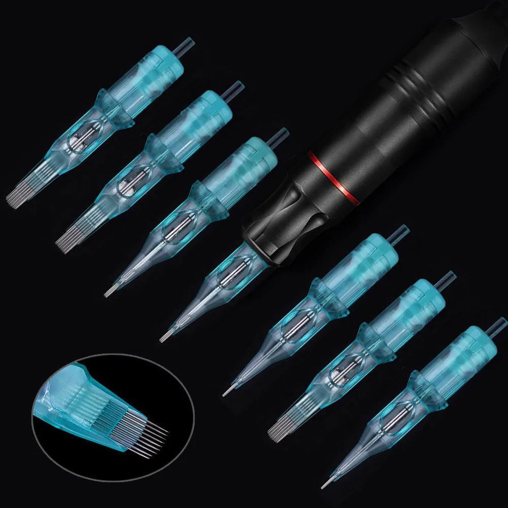 Translucent teal plastic tattoo needle cartridges and a black rotary tattoo machine handle on a black background.