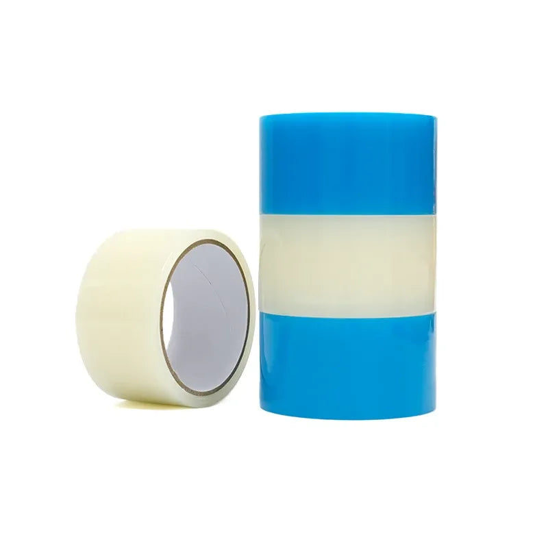 Blue and white self-adhesive repair tape rolls, one upright