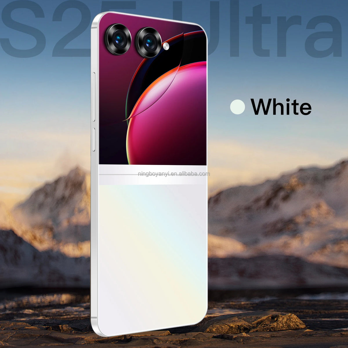 White smartphone back with triple cameras and magenta gradient top