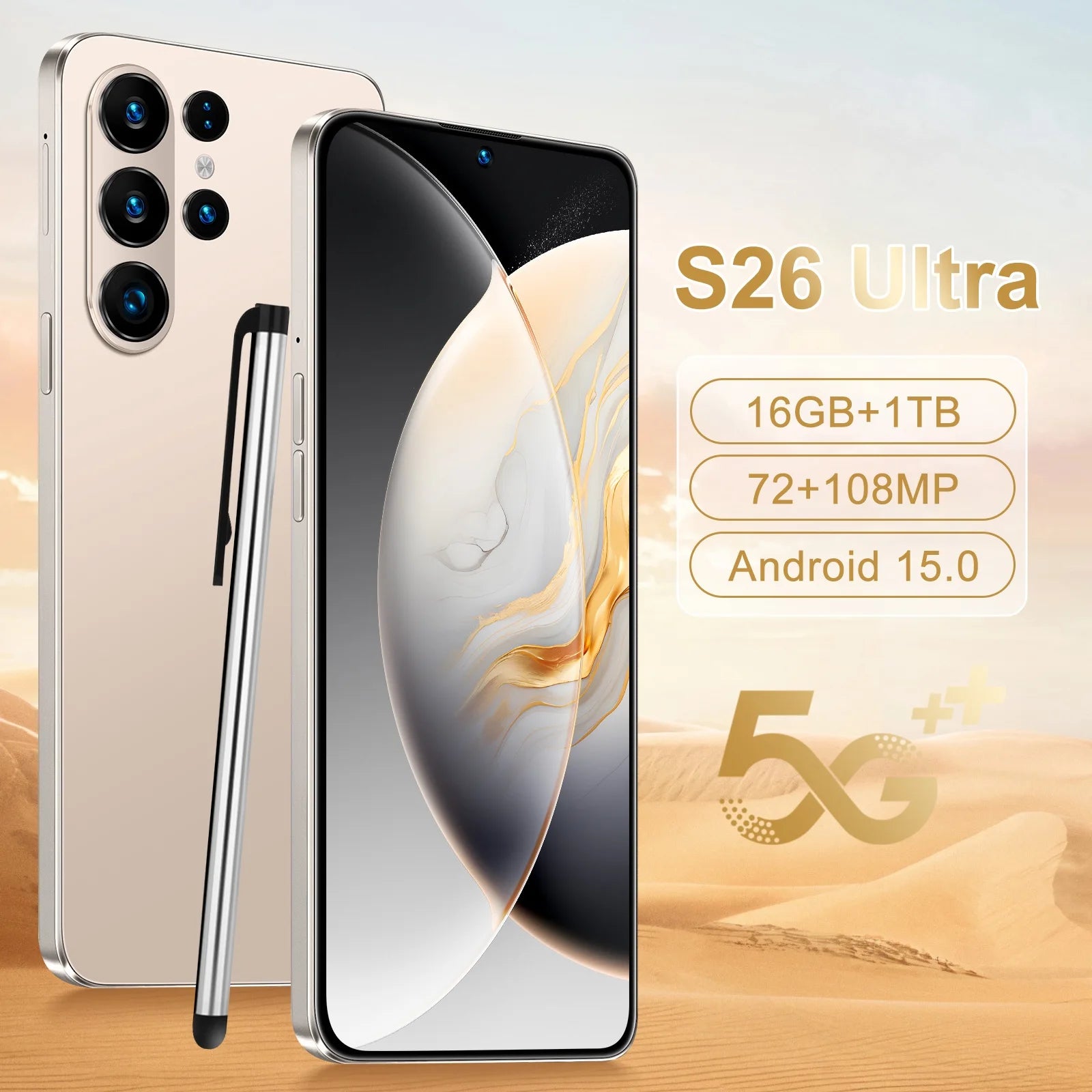 Unlocked 5G Smartphone: 7.3-inch OLED, 16GB RAM, 1TB Storage Gold 16g 1TB Tidesmit