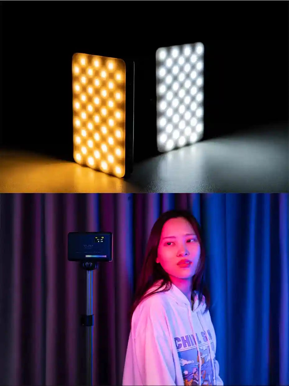 Portable rectangular LED light panel on a stand, featuring adjustable color temperature for photography and video.