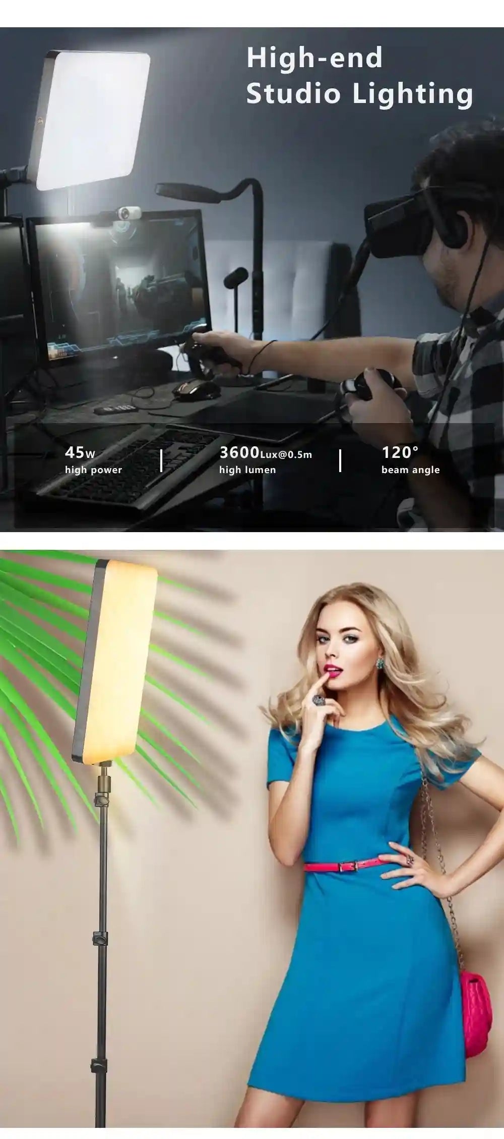 Rectangular LED studio panel light on an adjustable tripod stand for streaming, gaming, and photography lighting.