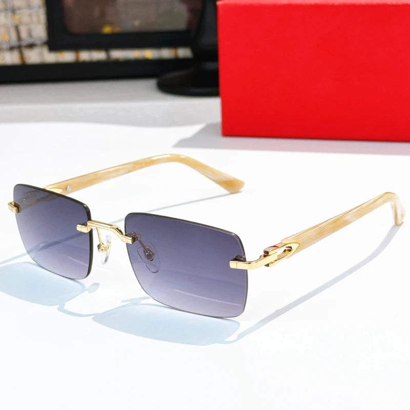 High Quality Rimless Glasses Luxury Men Branded Shades Women Vintage Fashion Frameless Designer Buffalo Horn Sunglasses