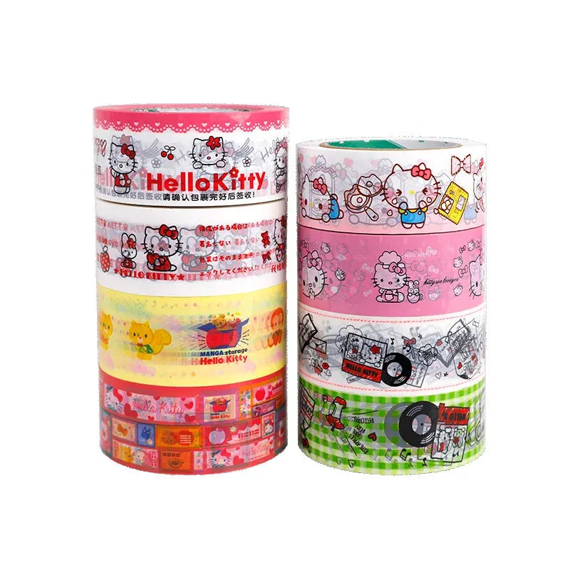 Hello Kitty printed adhesive shipping tape, two rolls with red and pink cartoon graphics