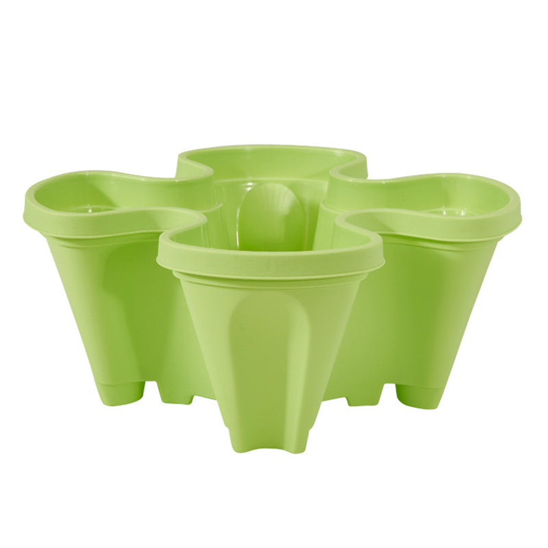 Stackable plastic flower pot set in light green, three connected vertical planters.
