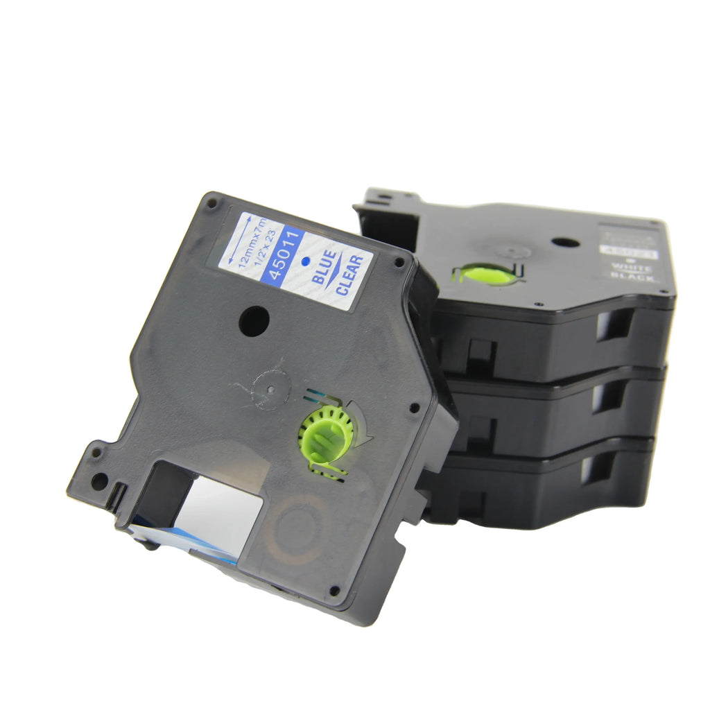 Thermal label cassette, close angle showing blue label card and green supply dial