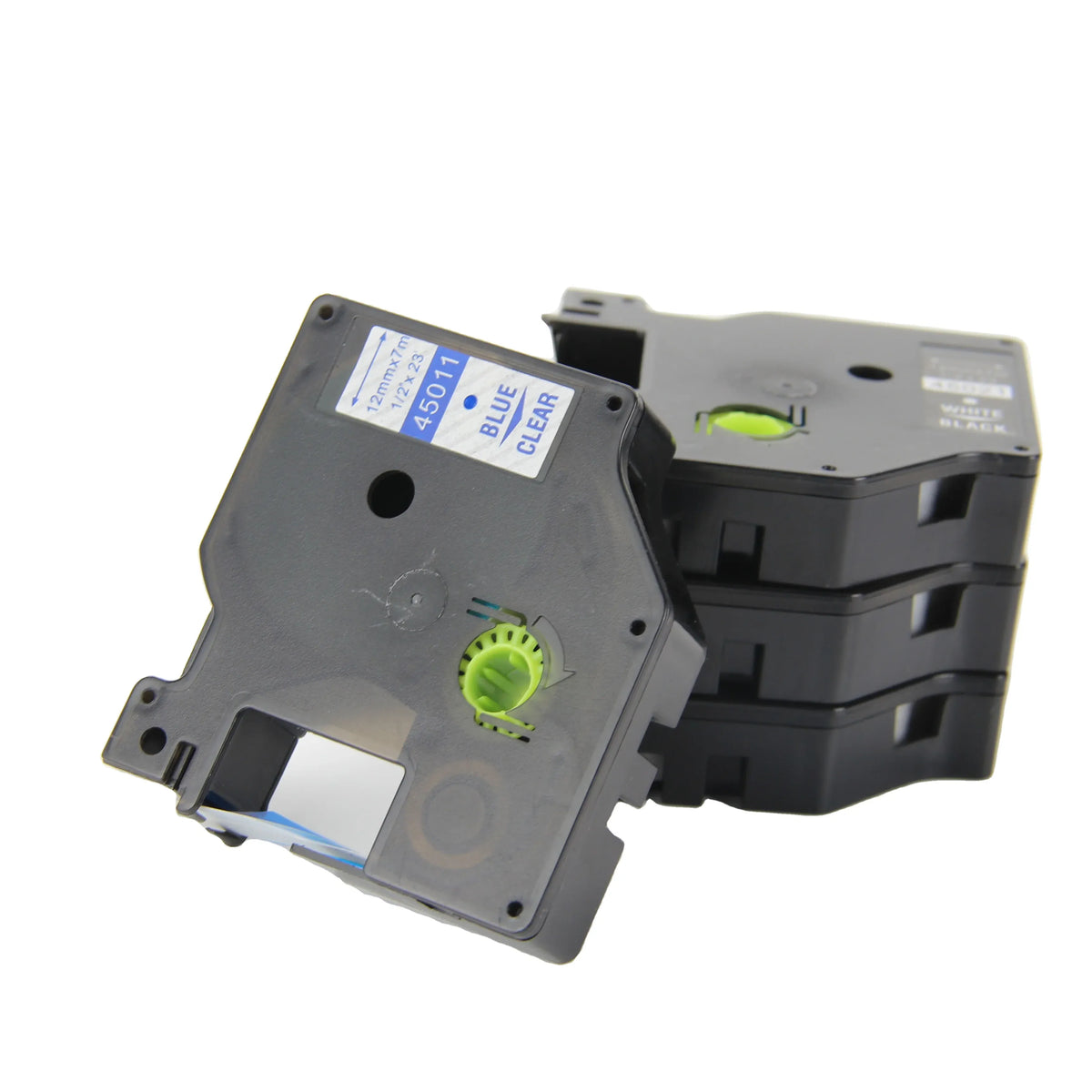 Thermal label cassette, close angle showing blue label card and green supply dial