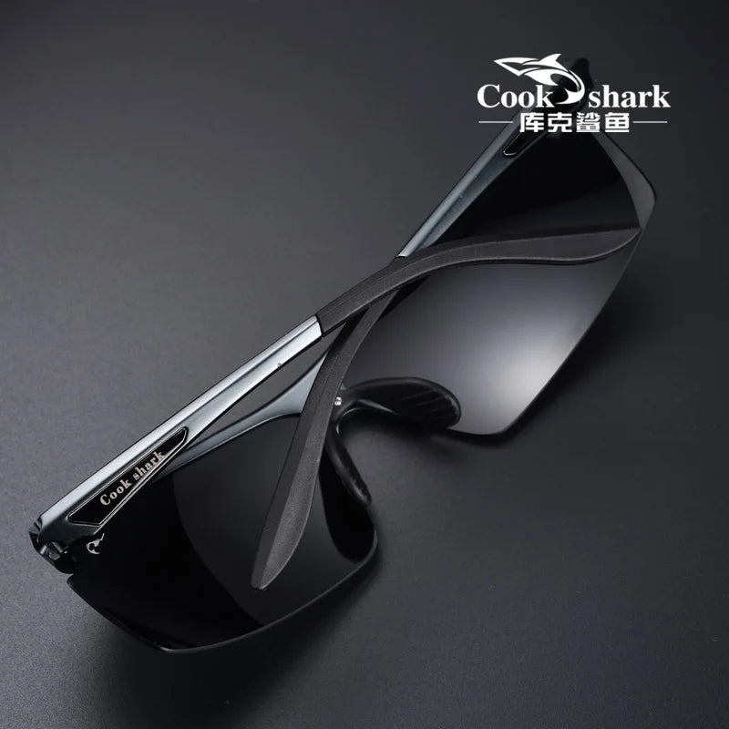 Black wraparound polarized sunglasses with metal frames and matte plastic arms, designed for outdoor sun protection.