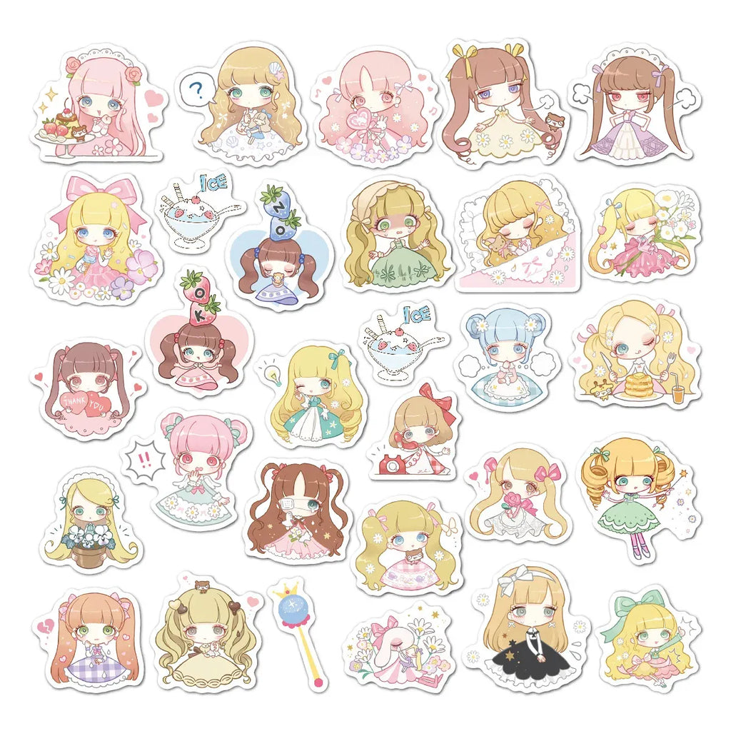 Assorted cute girl character cutout stickers in pink, blonde, and pastel outfits
