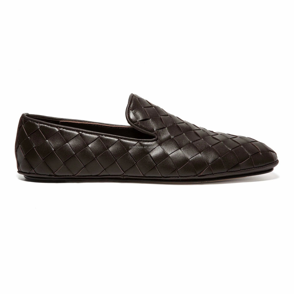 Large Size 47 Genuine Leather Intreccia Sunday Slippers Unisex Women Slip-on Dress Men Wedding Shoes Brown Men Leather Loafers
