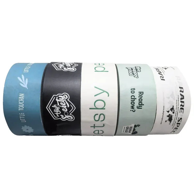 Set of kraft paper sealing tape rolls in blue, black, and white with printed logos